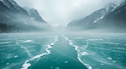 Fototapeta premium Majestic frozen lake with cracked ice and misty mountains in winter
