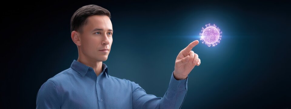 Man Presenting Digital Virus Concept with Futuristic Touch Interaction