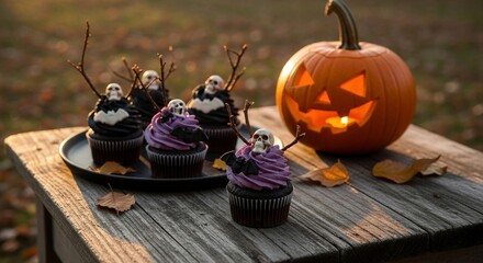 Postres de Halloween decorados con crema morada y negra, calaveras y murciélagos, acompañados de una calabaza tallada con vela encendida sobre mesa rústica