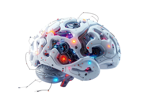 Futuristic, detailed rendering of a mechanical brain with intricate circuitry and glowing lights