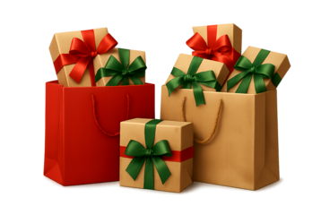 Two red shopping bags and three gift boxes with red and green ribbons isolated on transparent background