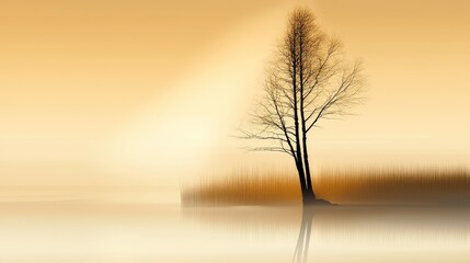 A serene, golden sunrise over a tranquil lake, with a lone tree.