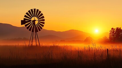 A silhouette of a vintage windmill at sunrise over a misty field.