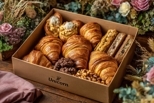 Gourmet pastry box assortment with croissants and sweet treats
