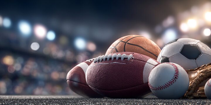 Collection of various sports balls in stadium lights - Powered by Adobe