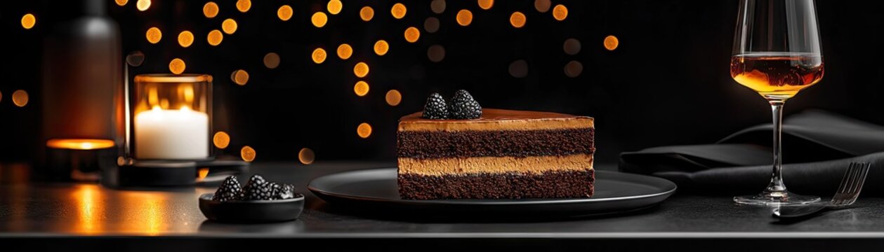 Dark chocolate cake slice with decorations on a plate.