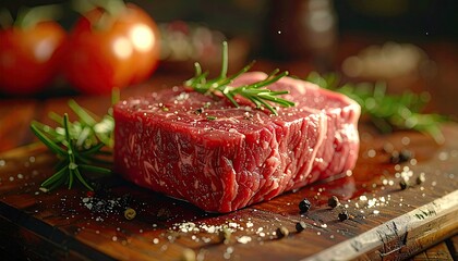 Raw Red Meat Steak on Wood Board with Rosemary and Tomatoes in Cinematic Warm Daylight