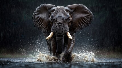 Elephant Charging in Rainy Water Splash Nature