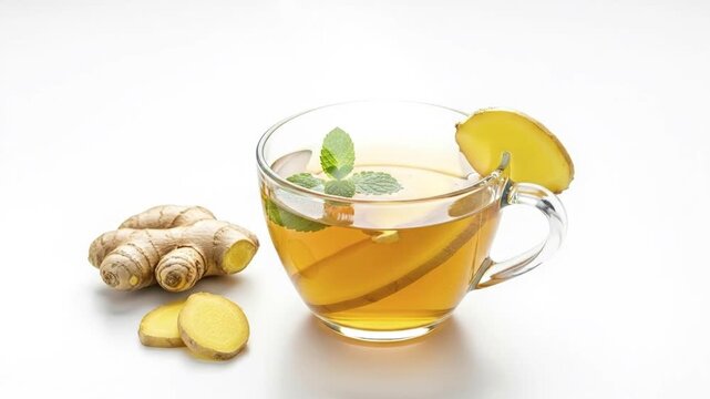 A soothing cup of freshly brewed ginger tea is presented in a clear glass mug, garnished with a sprig of fresh mint and a slice of ginger on the rim. Raw ginger root and slices lay beside the cup, hig