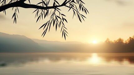 Obraz premium Tranquil sunrise over a serene lake with willow branches.