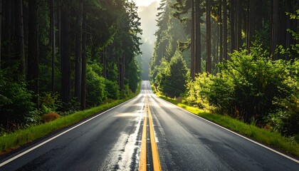 Obraz premium Sunlit Forest Road Extends Into the Distance