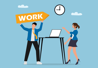 Flat Design Business Teamwork Illustration with Office People Working Together on Laptop