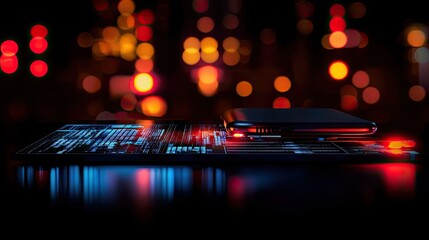 A futuristic display of a smartphone and tablet with glowing code.