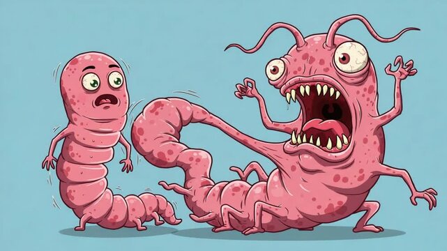Two cartoon parasites fighting inside body, scary animated germ monster characters for infection awareness.