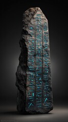 An ancient stone obelisk displays glowing hieroglyphic inscriptions against a simple dark backdrop with textural details and glowing illuminations.
