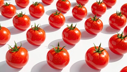 Red Ripe Tomatoes Pattern on White Surface with Natural Lighting Delicious Produce Background