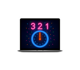Laptop screen displaying neon clock and countdown numbers 3 2 1 isolated on transparent background