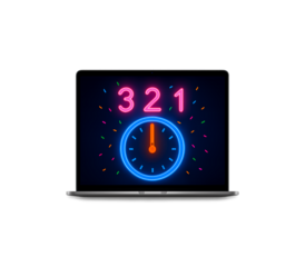 Laptop screen displaying neon clock and countdown numbers 3 2 1 isolated on transparent background