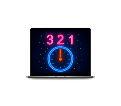 Laptop screen displaying neon clock and countdown numbers 3 2 1 isolated on transparent background