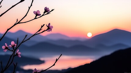 Obraz premium A serene sunrise over misty mountains, with delicate blossoms.