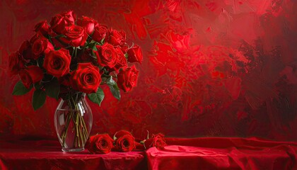 Red Roses Bouquet in Glass Vase with Dramatic Lighting Against Artistic Red Backdrop for Romantic Occasions and Floral Still Life Composition