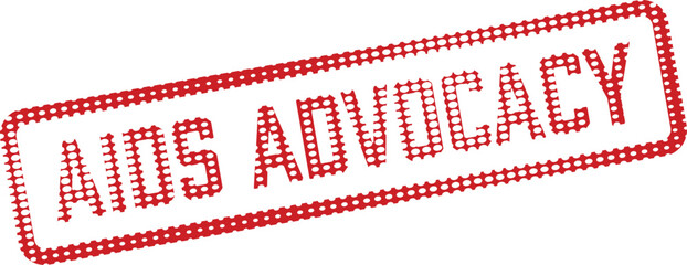 Red polka dots frame the words AIDS Advocacy on a white background