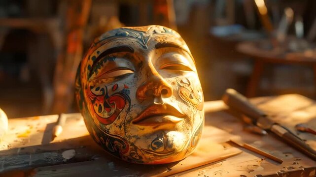 Ornate Mask on Artist's Table: Cultural Art and Craftsmanship Display