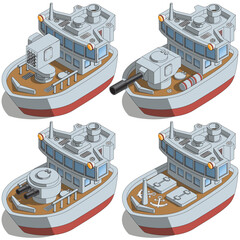 A set of warships. Isometric. Isolated on white background. Vector illustration.