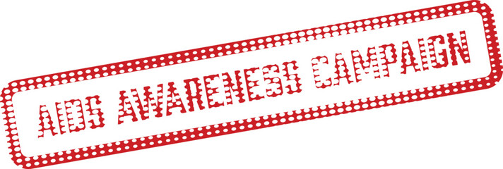 Red polka dot rectangular stamp showing aids awareness campaign message against white background