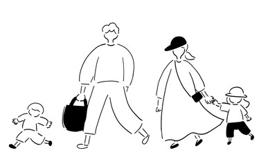 おでかけ4人家族_手描きイラスト_線画｜Family of Four