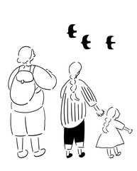 後ろ姿の家族_手描きイラスト_線画｜Family from Behind