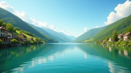 Tranquil lake nestled amidst verdant mountains, showcasing serene houses reflecting on the placid water.