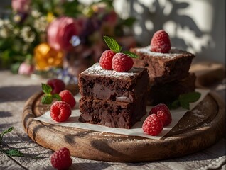 "Editorial food photo, chocolate brownies arranged in layers, garnished with raspberries, powdered sugar dusting, placed with mint leaves for freshness, styled on wooden board, professional DSLR food 