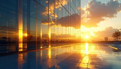 Reflective Glass Building Facade at Sunset with Cloud Reflections and Warm Lighting