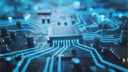 Obraz premium Close-up view of a circuit board with illuminated blue pathways and electronic components