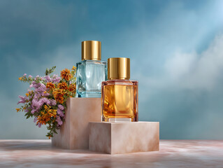 Two elegant glass perfume bottles with golden caps displayed on marble pedestals, surrounded by colorful flowers under soft blue sky
