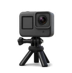 A black action camera with a small tripod, isolated on a transparent background