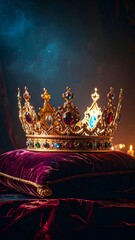 Ornate golden crown on velvet cushion, dramatic lighting