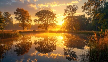 Reflective Pond with Trees at Sunset in Golden Hour Landscape with Sky Reflection and Sparkles in Water Natural Light