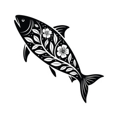 Naklejka premium Vector stylized black silhouette of a fish with floral patterns, isolated on white background