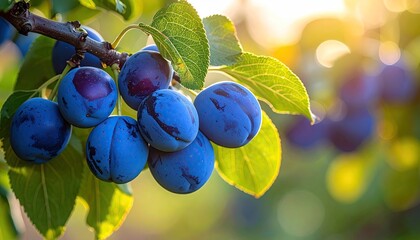 Ripe Plums on Branch with Green Leaves and Golden Sunlight in Summer Garden