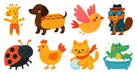 Obraz premium PNG Colorful cartoon animal illustrations, element set on transparent background