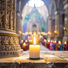 Soft-focus candle in a church