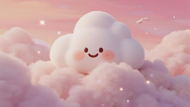 A cute, smiling cloud character floating among fluffy clouds in a pastel sky with sparkles