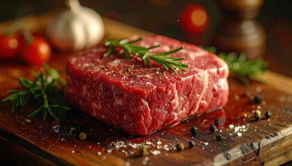 Prime Cut Raw Beef Steak with Rosemary and Spices on Wooden Board in Soft Glowing Daylight