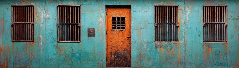 Aged teal building facade with barred windows and door.