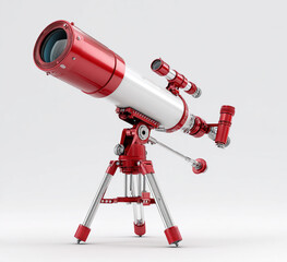 Red and white telescope on a tripod against a light gray background