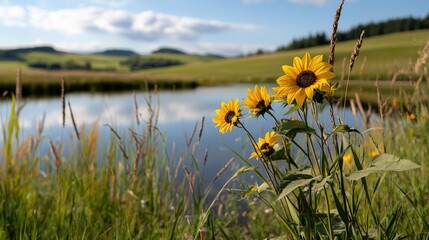 Bright yellow sunflowers by a tranquil pond in a lush landscape.