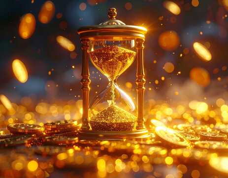 Golden hourglass with sparkling sand surrounded by coins