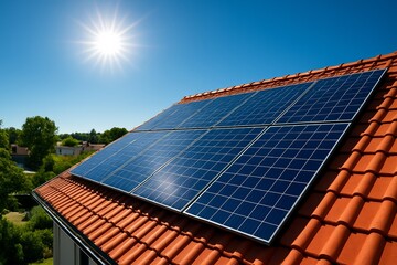 Fototapeta premium Solar panels installed on a red tiled roof under bright sunlight, generating renewable clean energy on a clear summer day. 